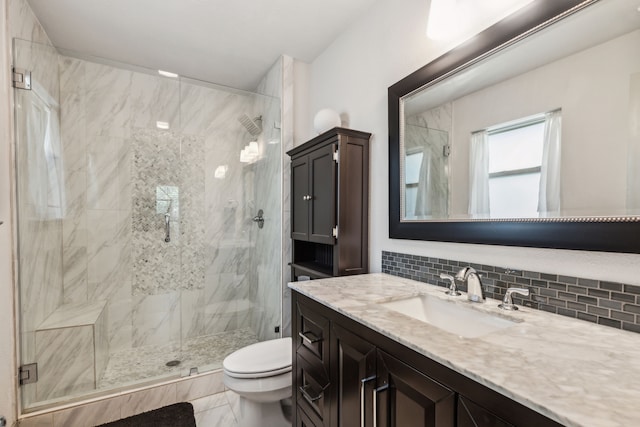 12217 Veronica Rd, Farmers Branch, TX 75234 - full bath with a marble finish shower, toilet, vanity, and decorative backsplash