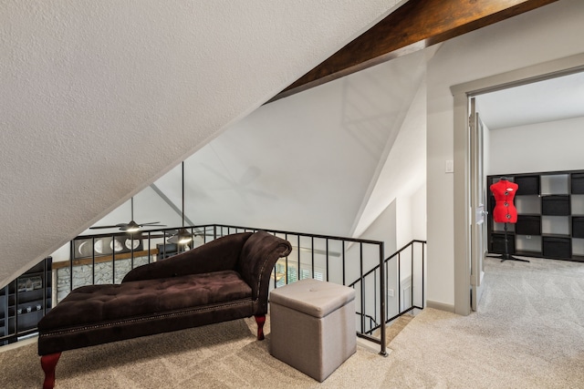 12217 Veronica Rd, Farmers Branch, TX 75234 - sitting room with carpet, an upstairs landing, ceiling fan, lofted ceiling, and baseboards