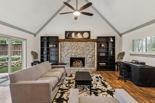 12217 Veronica Rd, Farmers Branch, TX 75234 - living area with healthy amount of natural light, wood finished floors, a ceiling fan, ornamental molding, and high vaulted ceiling