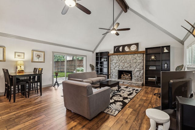 12217 Veronica Rd, Farmers Branch, TX 75234 - living area featuring ceiling fan, high vaulted ceiling, a stone fireplace, wood-type flooring, and healthy amount of natural light