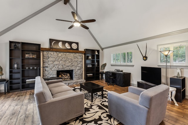 12217 Veronica Rd, Farmers Branch, TX 75234 - living room featuring wood-type flooring, ceiling fan, a fireplace, and high vaulted ceiling