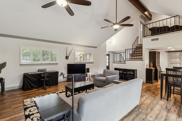 12217 Veronica Rd, Farmers Branch, TX 75234 - living area with ceiling fan, stairway, high vaulted ceiling, wood finished floors, and beamed ceiling
