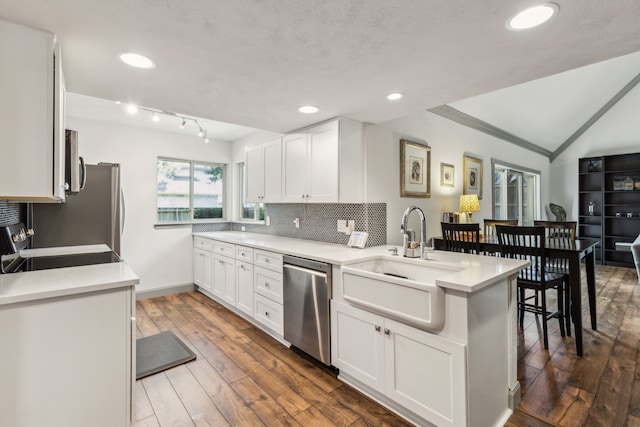 12217 Veronica Rd, Farmers Branch, TX 75234 - kitchen featuring stainless steel appliances, a sink, white cabinets, a peninsula, and light countertops