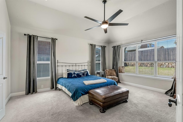 952 Tara Dr, Burleson, TX 76028 - bedroom with carpet flooring, vaulted ceiling, baseboards, and a ceiling fan