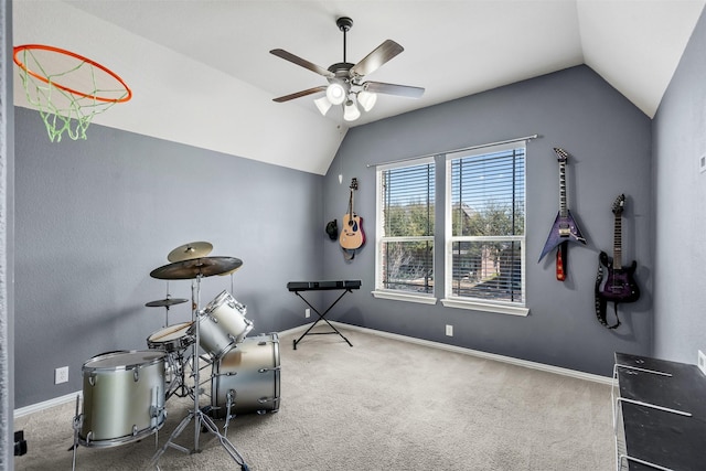 952 Tara Dr, Burleson, TX 76028 - misc room with vaulted ceiling, carpet, a ceiling fan, and baseboards