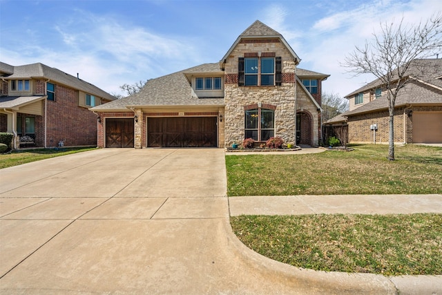 952 Tara Dr, Burleson, TX 76028 - view of front facade featuring stone siding, a front lawn, an attached garage, concrete driveway, and a shingled roof
