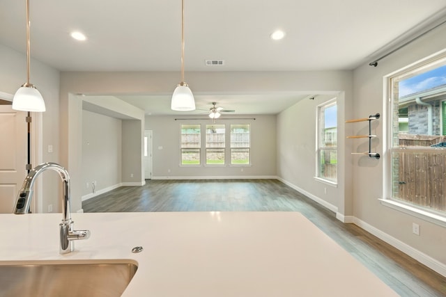 524 Big Horn Pass, Denton, TX 76210 - kitchen featuring a sink, wood finished floors, recessed lighting, a ceiling fan, and pendant lighting