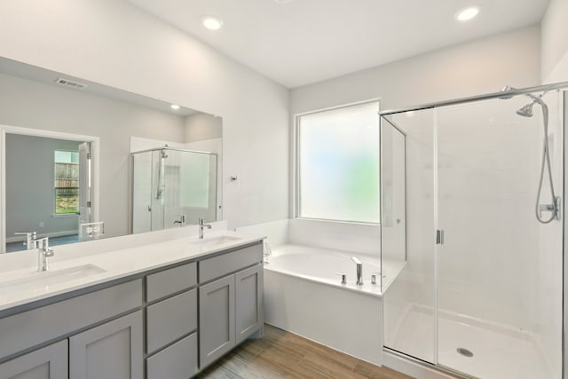 524 Big Horn Pass, Denton, TX 76210 - bathroom with a shower stall, a garden tub, double vanity, wood finished floors, and recessed lighting