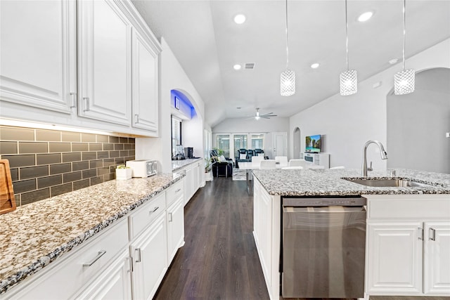 558 Lily St, Crowley, TX 76036 - kitchen with dishwasher, a sink, open floor plan, lofted ceiling, and a ceiling fan