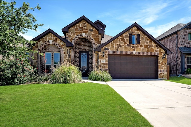 558 Lily St, Crowley, TX 76036 - view of front facade featuring stone siding, an attached garage, a front yard, driveway, and brick siding
