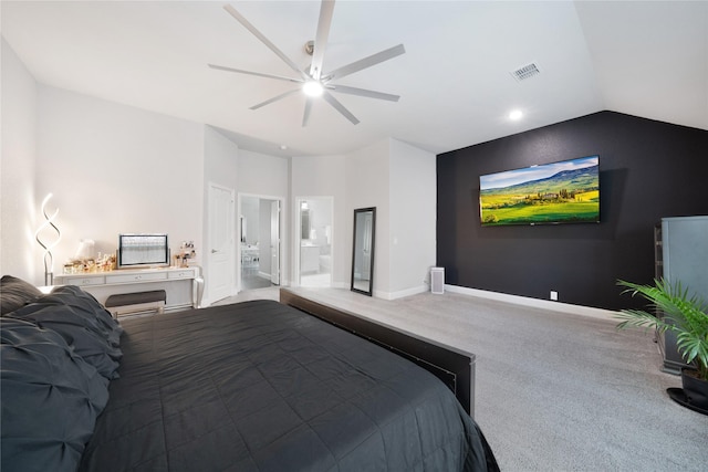 558 Lily St, Crowley, TX 76036 - carpeted bedroom featuring connected bathroom, baseboards, vaulted ceiling, a ceiling fan, and recessed lighting