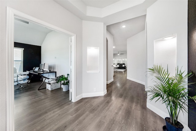 558 Lily St, Crowley, TX 76036 - hall featuring wood finished floors, an office area, lofted ceiling, and baseboards