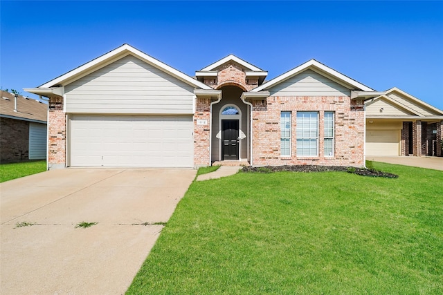 1012 Fairweather Dr, Fort Worth, TX 76120 - ranch-style home featuring driveway, a front yard, brick siding, and a garage
