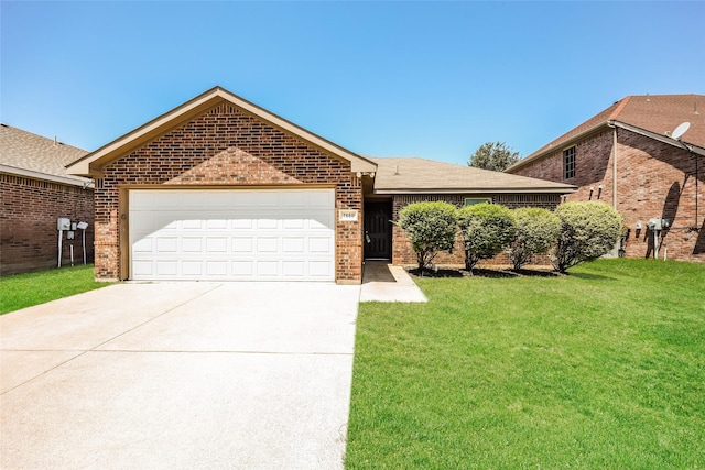 7660 Hollow Forest Dr, Fort Worth, TX 76123 - ranch-style home with brick siding, an attached garage, driveway, and a front yard