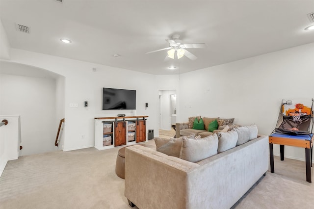 2081 Ashbourne Dr, Rockwall, TX 75087 - living room featuring light carpet, a ceiling fan, and recessed lighting