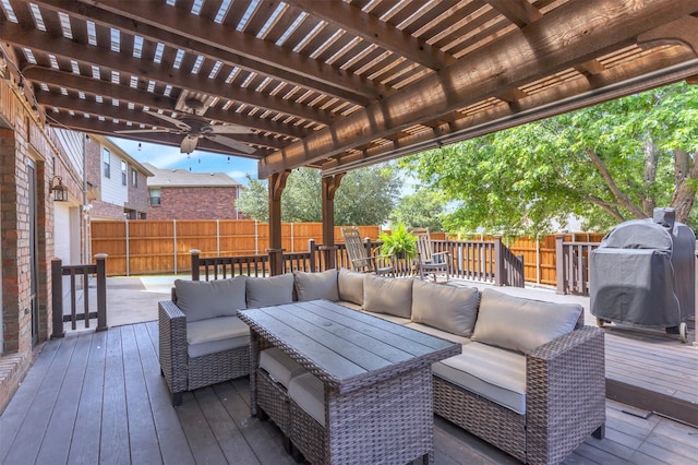 2081 Ashbourne Dr, Rockwall, TX 75087 - wooden terrace featuring an outdoor living space, a fenced backyard, a grill, and a pergola