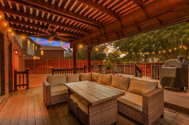 2081 Ashbourne Dr, Rockwall, TX 75087 - wooden deck featuring an outdoor hangout area, a fenced backyard, a pergola, and a grill
