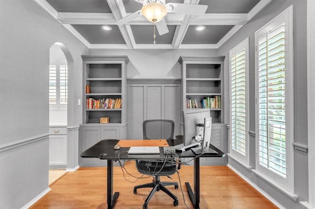 2081 Ashbourne Dr, Rockwall, TX 75087 - office space with coffered ceiling, ceiling fan, plenty of natural light, crown molding, and light wood finished floors