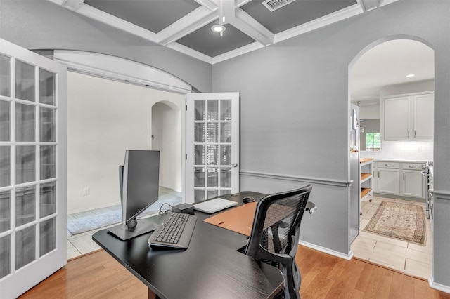 2081 Ashbourne Dr, Rockwall, TX 75087 - office with arched walkways, coffered ceiling, beam ceiling, light wood-style floors, and crown molding