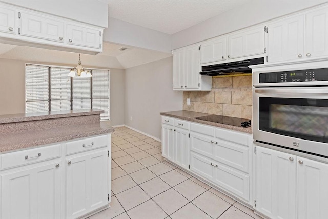 2109 Dartmouth Dr, Arlington, TX 76015 - kitchen featuring stainless steel oven, under cabinet range hood, black electric stovetop, tasteful backsplash, and white cabinets