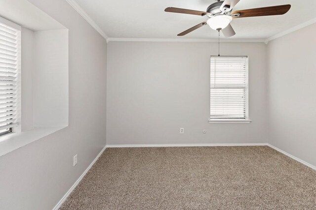 2109 Dartmouth Dr, Arlington, TX 76015 - empty room featuring a ceiling fan, carpet floors, ornamental molding, and baseboards
