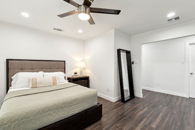 9132 Choctaw Trl, Flower Mound, TX 75022 - bedroom featuring dark wood-type flooring, baseboards, recessed lighting, and a ceiling fan
