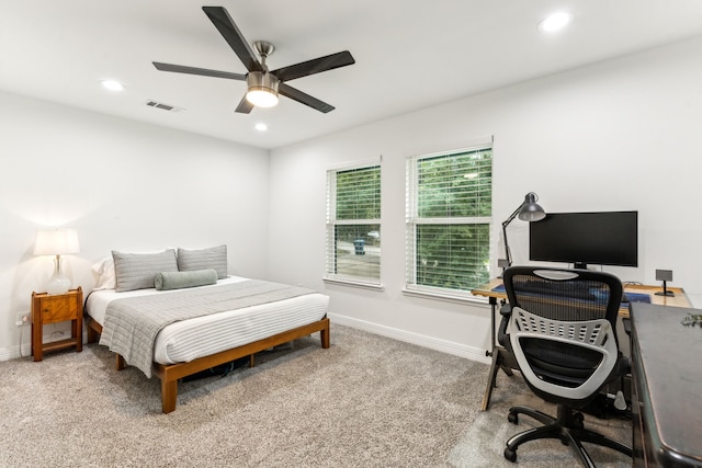 9132 Choctaw Trl, Flower Mound, TX 75022 - bedroom with an office area, baseboards, carpet, recessed lighting, and ceiling fan