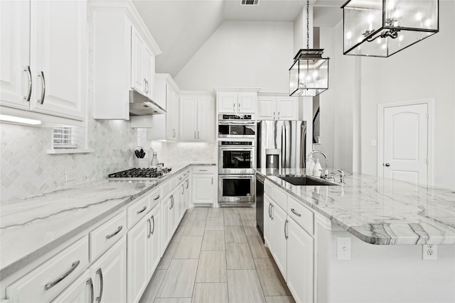 7224 Bucanero, Grand Prairie, TX 75054 - kitchen with a chandelier, stainless steel appliances, a sink, tasteful backsplash, and high vaulted ceiling