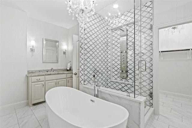 7224 Bucanero, Grand Prairie, TX 75054 - full bath featuring a freestanding tub, a stall shower, marble look tile flooring, vanity, and a chandelier