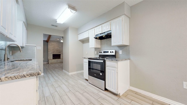 928 Thistle Ridge Ln, Arlington, TX 76017 - kitchen with stainless steel electric range oven, a sink, under cabinet range hood, backsplash, and light wood finished floors