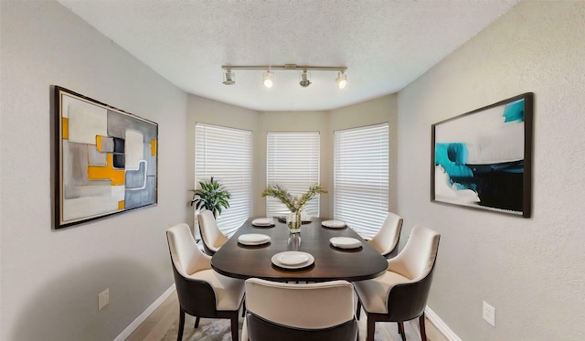 928 Thistle Ridge Ln, Arlington, TX 76017 - dining space featuring baseboards, a textured ceiling, wood finished floors, and rail lighting