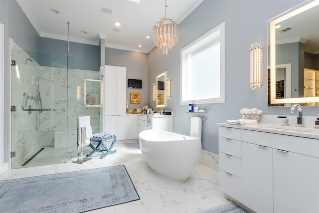6406 Glendora Ave, Dallas, TX 75230 - full bath with a marble finish shower, crown molding, a freestanding tub, vanity, and marble finish flooring