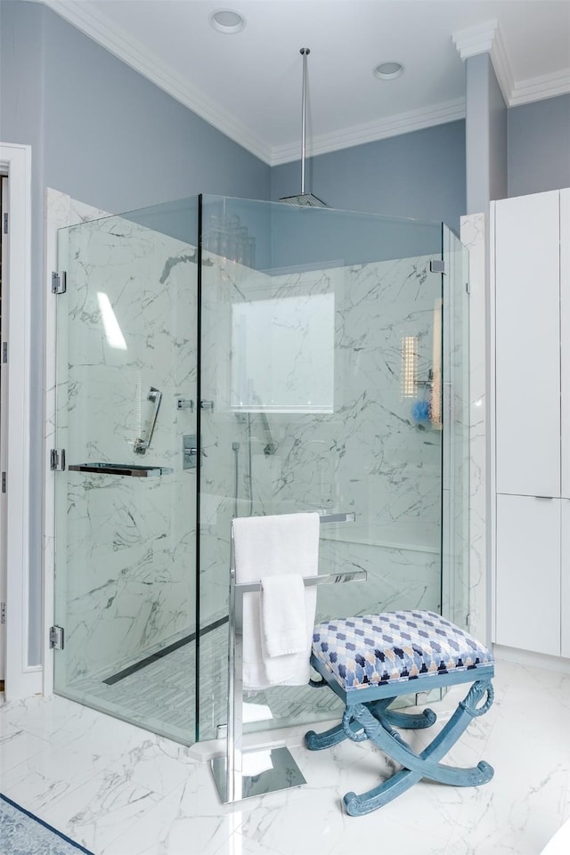 6406 Glendora Ave, Dallas, TX 75230 - bathroom with a marble finish shower, crown molding, marble finish flooring, and recessed lighting