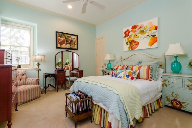 6406 Glendora Ave, Dallas, TX 75230 - bedroom with carpet, ornamental molding, a ceiling fan, and recessed lighting