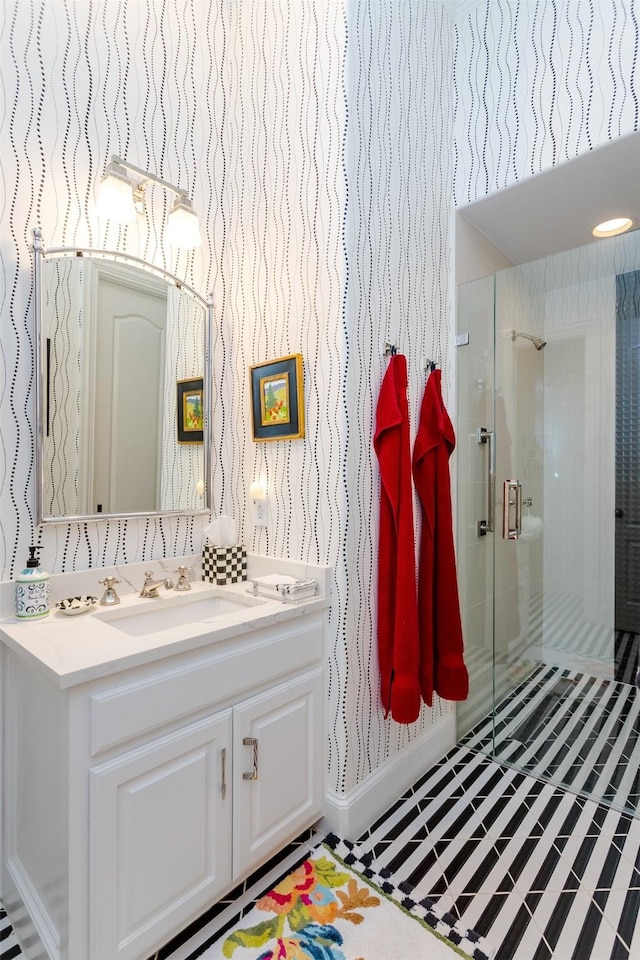 6406 Glendora Ave, Dallas, TX 75230 - full bathroom featuring vanity, a shower stall, and wallpapered walls