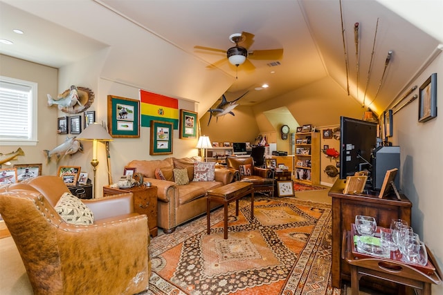 6406 Glendora Ave, Dallas, TX 75230 - carpeted living area featuring ceiling fan, vaulted ceiling, and recessed lighting