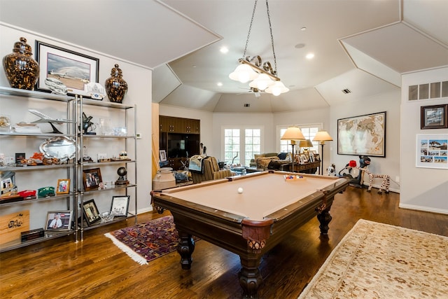 6406 Glendora Ave, Dallas, TX 75230 - rec room featuring billiards table, vaulted ceiling, wood finished floors, and recessed lighting