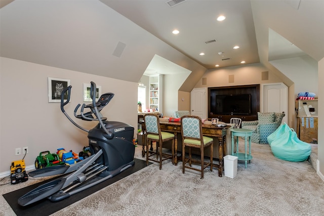 6406 Glendora Ave, Dallas, TX 75230 - workout area with recessed lighting, carpet, and lofted ceiling