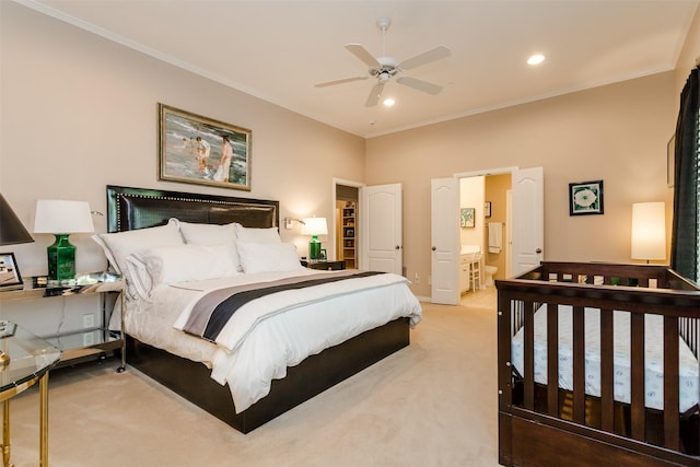 6406 Glendora Ave, Dallas, TX 75230 - bedroom featuring carpet, crown molding, recessed lighting, baseboards, and ensuite bathroom