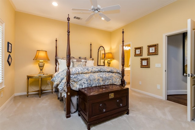 6406 Glendora Ave, Dallas, TX 75230 - bedroom featuring light carpet, baseboards, recessed lighting, crown molding, and ensuite bath
