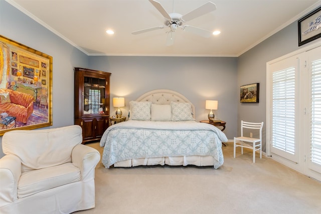 6406 Glendora Ave, Dallas, TX 75230 - bedroom with carpet, ornamental molding, multiple windows, recessed lighting, and ceiling fan