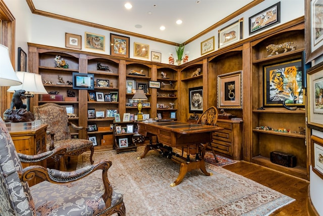 6406 Glendora Ave, Dallas, TX 75230 - office space featuring crown molding, built in features, recessed lighting, and wood finished floors