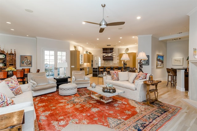 6406 Glendora Ave, Dallas, TX 75230 - living area featuring crown molding, a ceiling fan, light wood-style flooring, recessed lighting, and baseboards