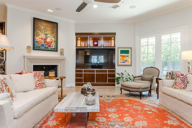 6406 Glendora Ave, Dallas, TX 75230 - living area featuring ceiling fan, crown molding, recessed lighting, and wood finished floors
