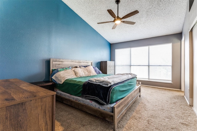 3808 River Birch Rd, Fort Worth, TX 76137 - carpeted bedroom featuring lofted ceiling, a textured ceiling, a ceiling fan, and baseboards