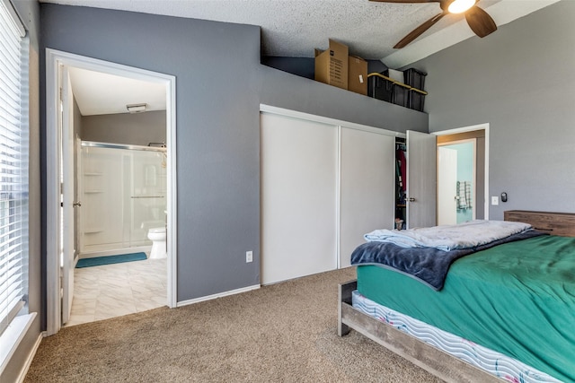 3808 River Birch Rd, Fort Worth, TX 76137 - bedroom featuring a closet, ensuite bath, a towering ceiling, a ceiling fan, and baseboards