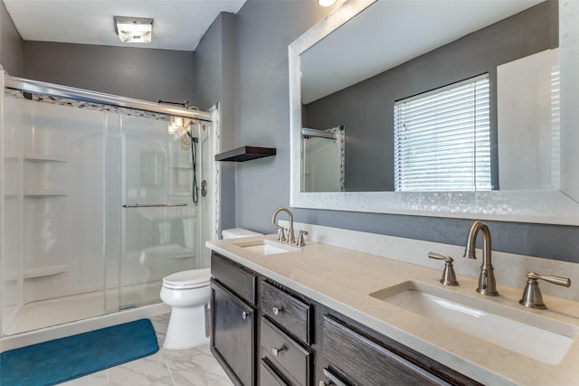 3808 River Birch Rd, Fort Worth, TX 76137 - bathroom with a stall shower, toilet, marble look tiles, and double vanity