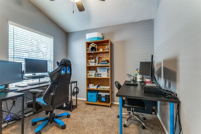 3808 River Birch Rd, Fort Worth, TX 76137 - home office with ceiling fan, carpet floors, vaulted ceiling, a textured ceiling, and baseboards