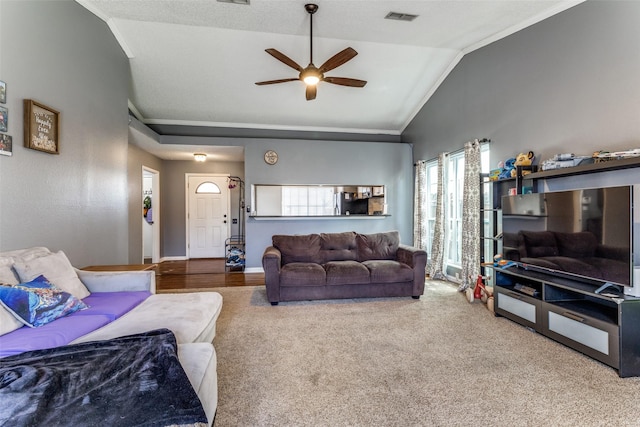 3808 River Birch Rd, Fort Worth, TX 76137 - carpeted living area with lofted ceiling, a ceiling fan, and crown molding