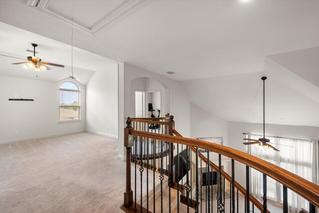 2604 Grand Colonial St, Grand Prairie, TX 75054 - hall with attic access, an upstairs landing, lofted ceiling, baseboards, and light carpet